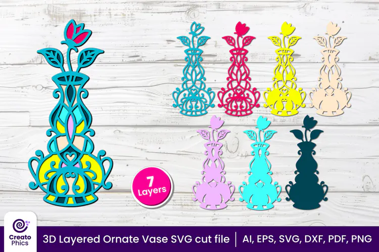 3D layered Floral Vase SVG, Ornate Vase papercut & Laser cut