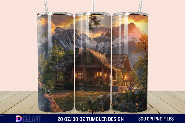 3D Cottage Sunset Mountain Tumbler Wrap