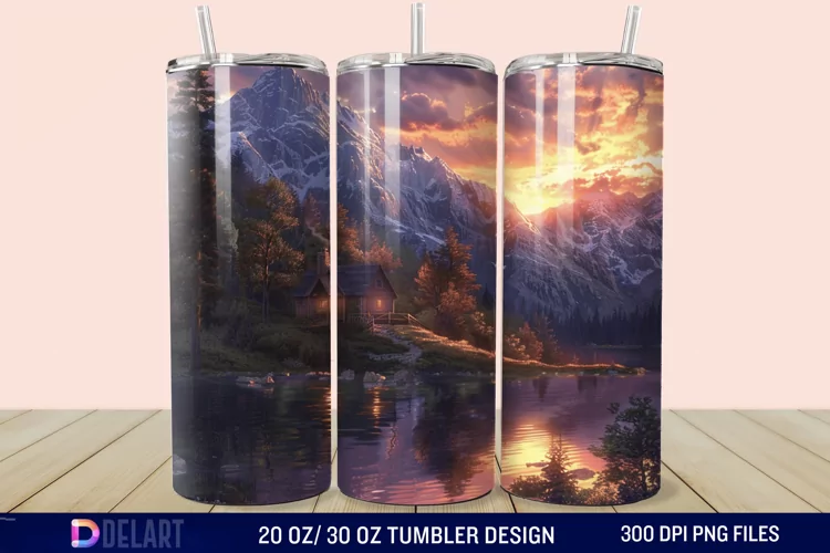 3D Cottage Sunset Mountain Tumbler Wrap