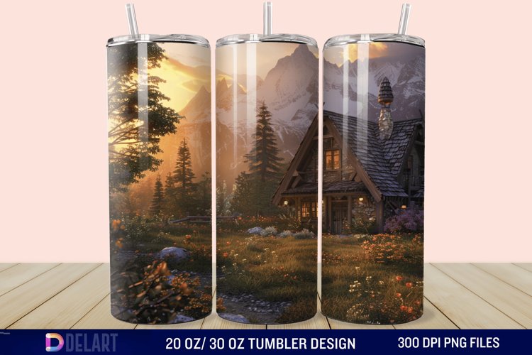3D Cottage Sunset Mountain Tumbler Wrap example image 1