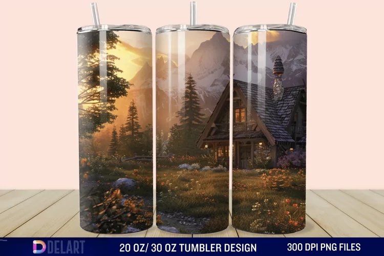 3D Cottage Sunset Mountain Tumbler Wrap