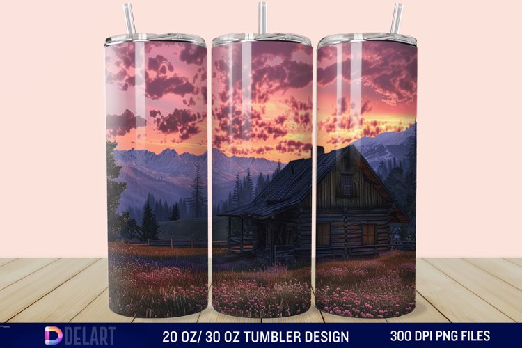 3D Cottage Sunset Mountain Tumbler Wrap example image 1