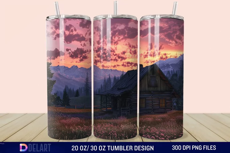 3D Cottage Sunset Mountain Tumbler Wrap