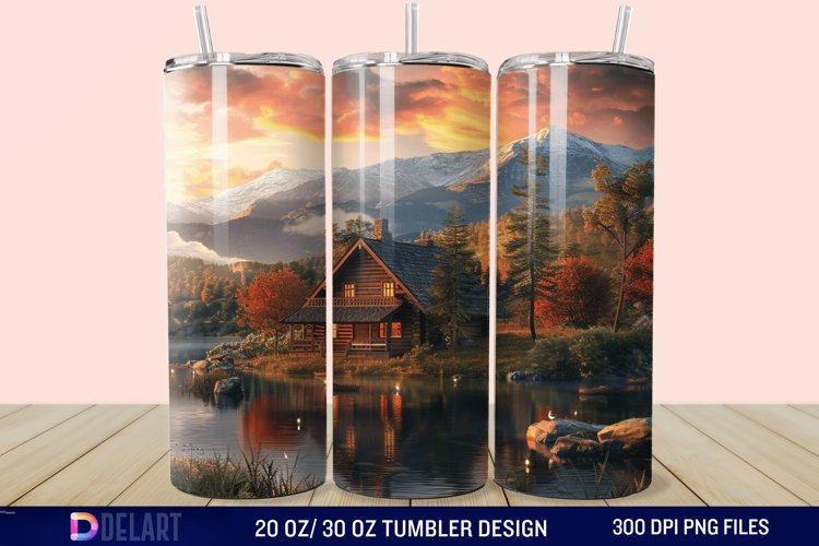 3D Cottage Sunset Mountain Tumbler Wrap example image 1