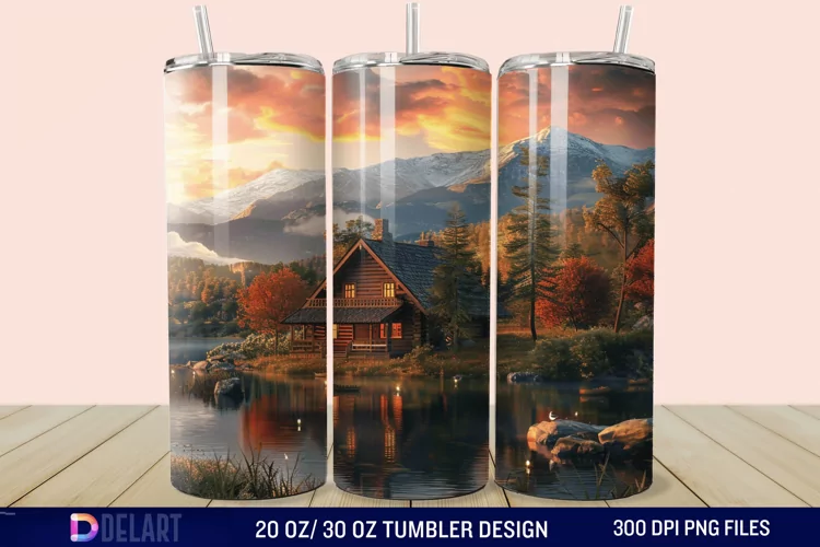 3D Cottage Sunset Mountain Tumbler Wrap