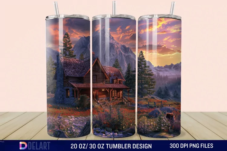 3D Cottage Sunset Mountain Tumbler Wrap
