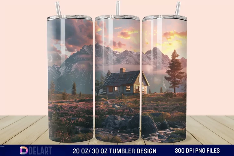 3D Cottage Sunset Mountain Tumbler Wrap