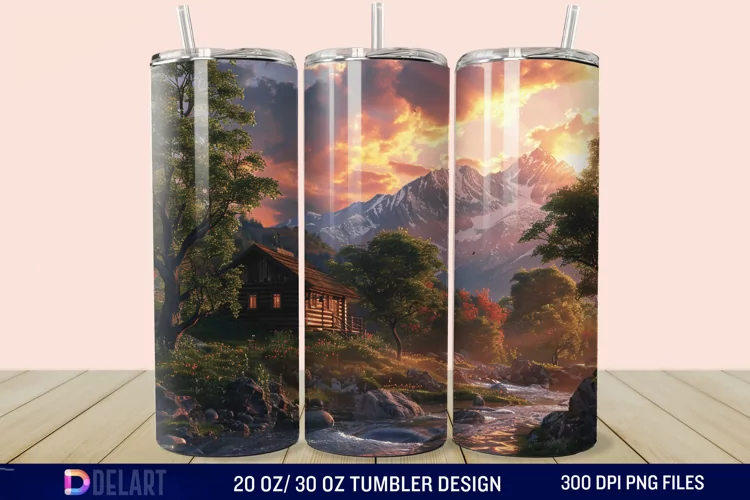 3D Cottage Sunset Mountain Tumbler Wrap
