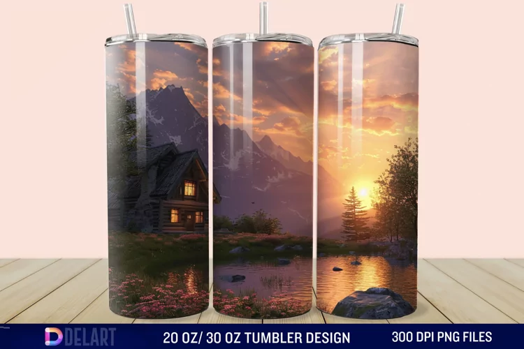 3D Cottage Sunset Mountain Tumbler Wrap