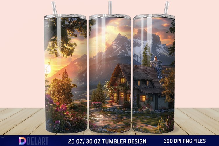 3D Cottage Sunset Mountain Tumbler Wrap example image 1