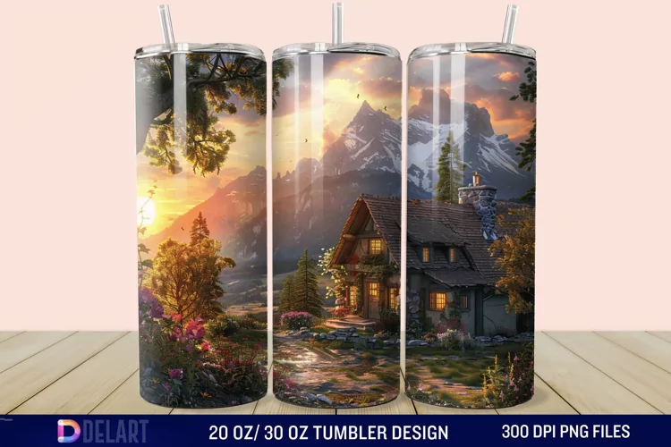 3D Cottage Sunset Mountain Tumbler Wrap