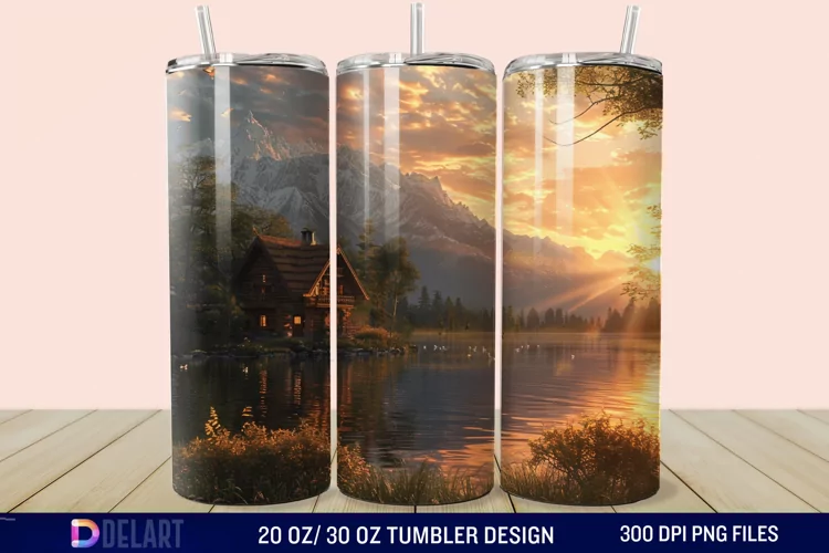 3D Cottage Sunset Mountain Tumbler Wrap