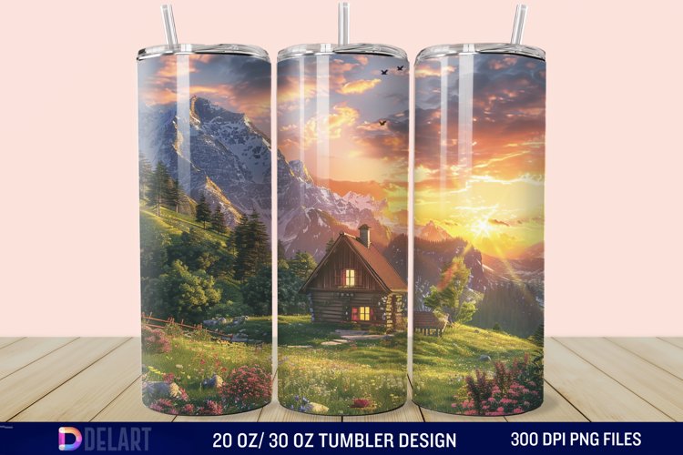 3D Cottage Sunset Mountain Tumbler Wrap example image 1