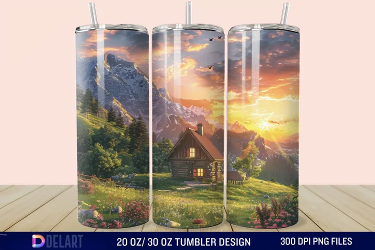 3D Cottage Sunset Mountain Tumbler Wrap