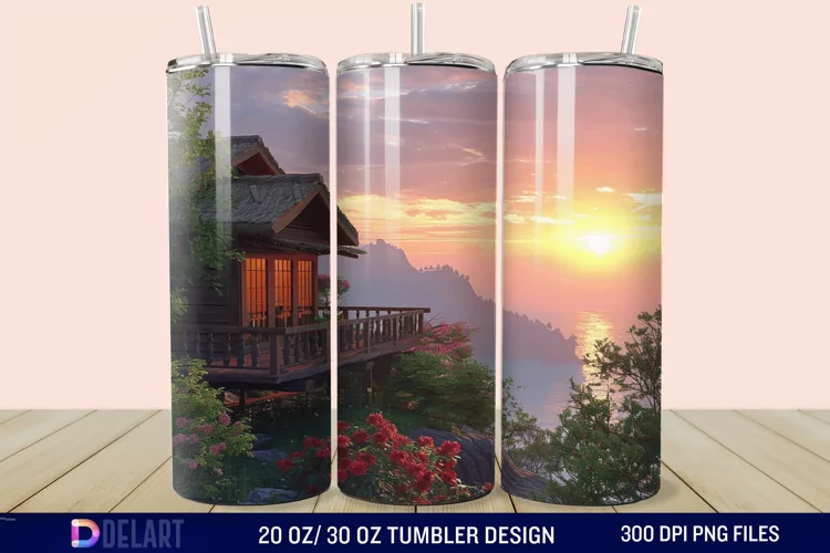 3D Cottage Sunset Mountain Tumbler Wrap