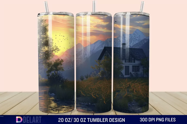 3D Cottage Sunset Mountain Tumbler Wrap