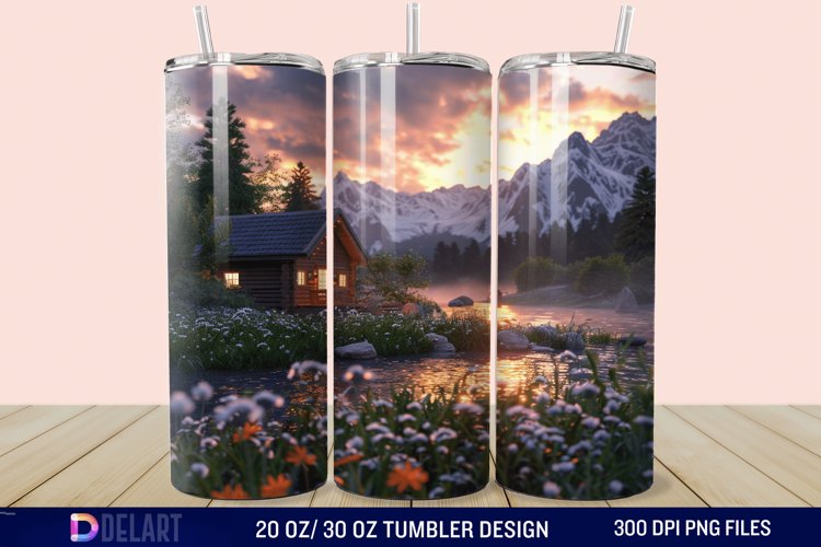 3D Cottage Sunset Mountain Tumbler Wrap example image 1