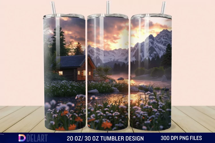 3D Cottage Sunset Mountain Tumbler Wrap