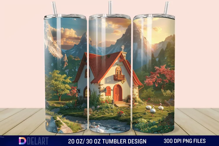 3D Cottage Sunset Mountain Tumbler Wrap