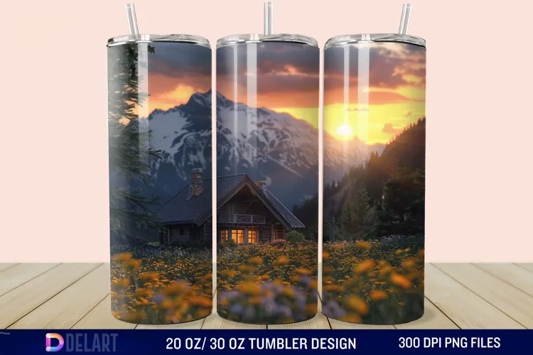3D Cottage Sunset Mountain Tumbler Wrap