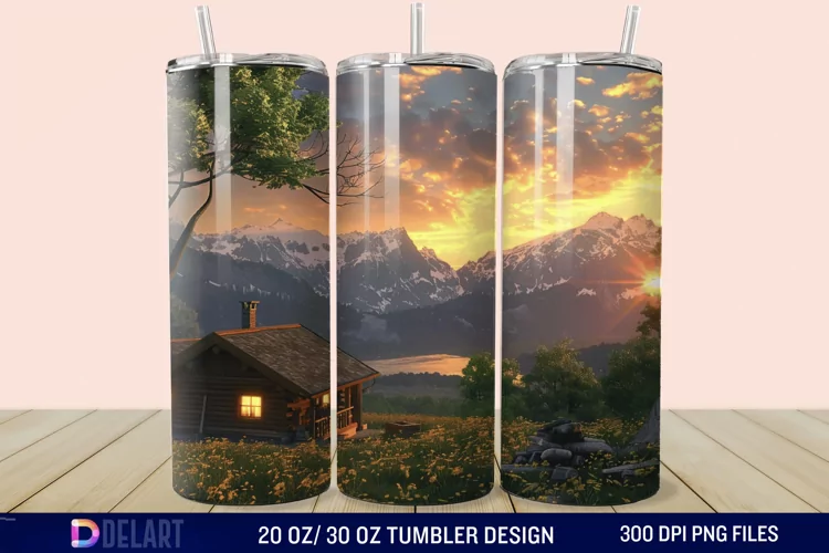 3D Cottage Sunset Mountain Tumbler Wrap