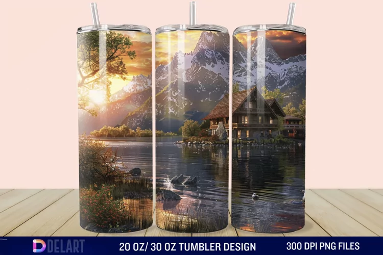 3D Cottage Sunset Mountain Tumbler Wrap