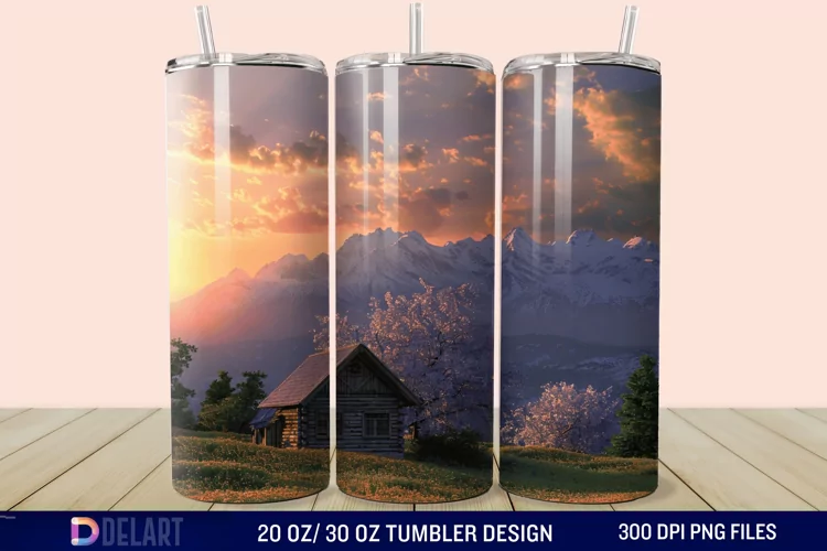 3D Cottage Sunset Mountain Tumbler Wrap