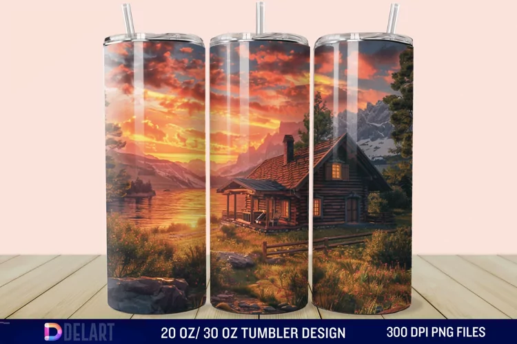 3D Cottage Sunset Mountain Tumbler Wrap