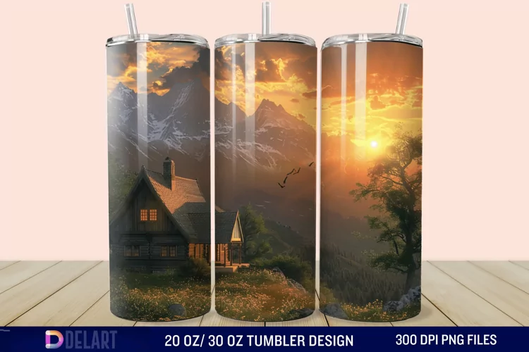 3D Cottage Sunset Mountain Tumbler Wrap