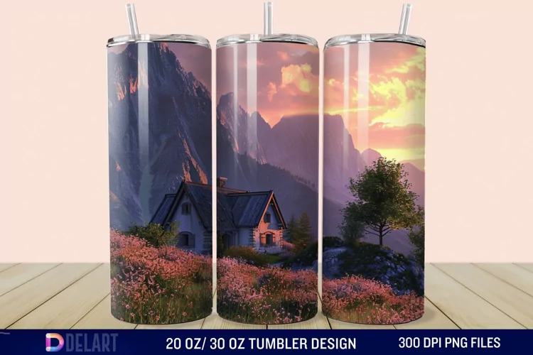 3D Cottage Sunset Mountain Tumbler Wrap