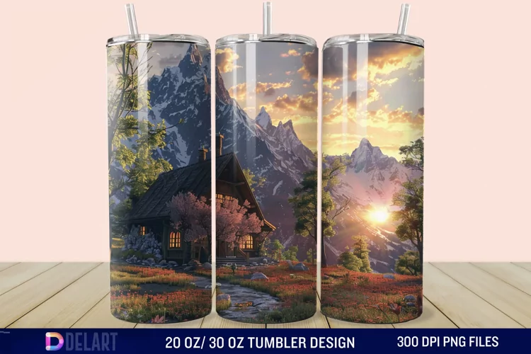 3D Cottage Sunset Mountain Tumbler Wrap