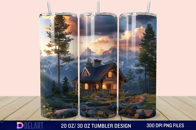 3D Cottage Sunset Mountain Tumbler Wrap example image 1