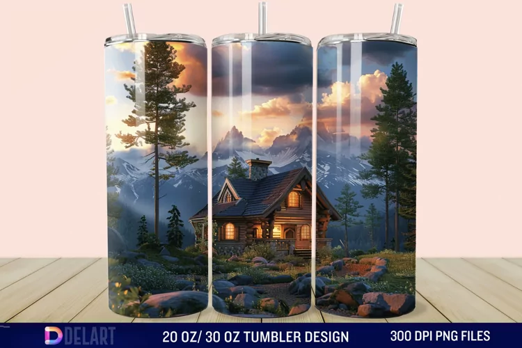 3D Cottage Sunset Mountain Tumbler Wrap