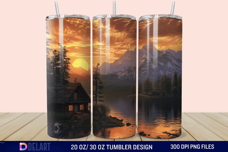 3D Cottage Sunset Mountain Tumbler Wrap example image 1