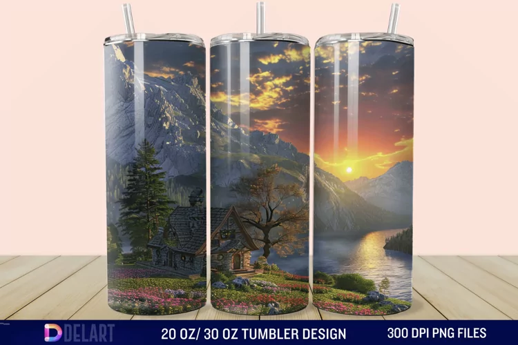 3D Cottage Sunset Mountain Tumbler Wrap