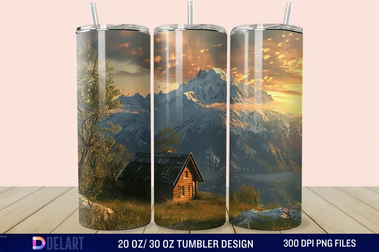 3D Cottage Sunset Mountain Tumbler Wrap