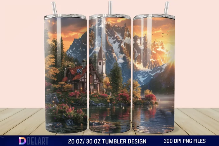 3D Cottage Sunset Mountain Tumbler Wrap