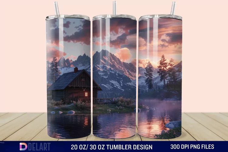 3D Cottage Sunset Mountain Tumbler Wrap