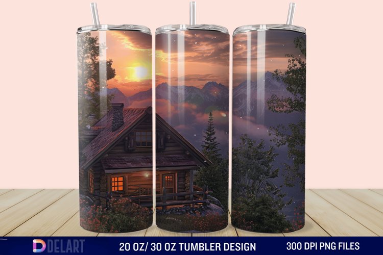 3D Cottage Sunset Mountain Tumbler Wrap example image 1