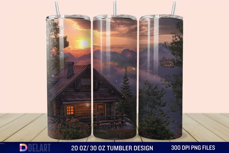 3D Cottage Sunset Mountain Tumbler Wrap