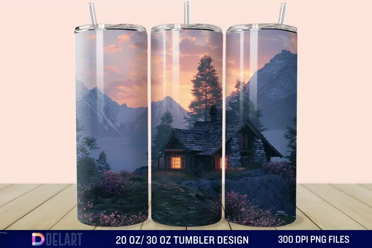 3D Cottage Sunset Mountain Tumbler Wrap