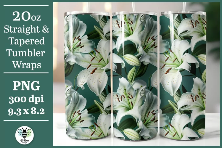White Lily Tumbler Wrap | 3D Tumbler Sublimation PNG