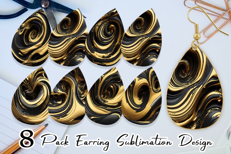 Earring teardrop sublimation 3D Liquid wave black and gold