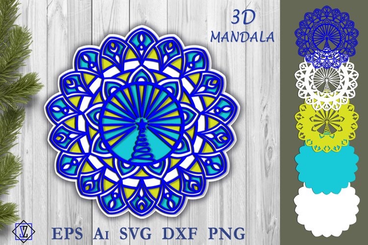 3D mandala with Christmas tree. Layered Christmas design example image 1