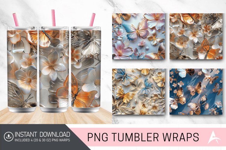 3D Metallic Butterflies & Flowers Tumbler wrap example image 1