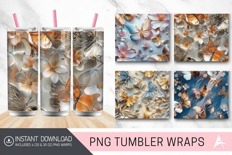 3D Metallic Butterflies & Flowers Tumbler wrap