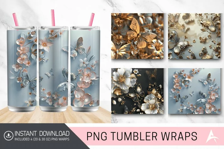 3D Metallic Butterflies & Flowers Tumbler wrap