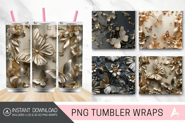 3D Metallic Butterflies & Flowers Tumbler wrap