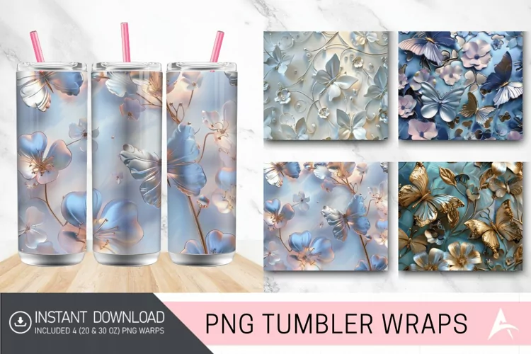 3D Metallic Butterflies & Flowers Tumbler wrap