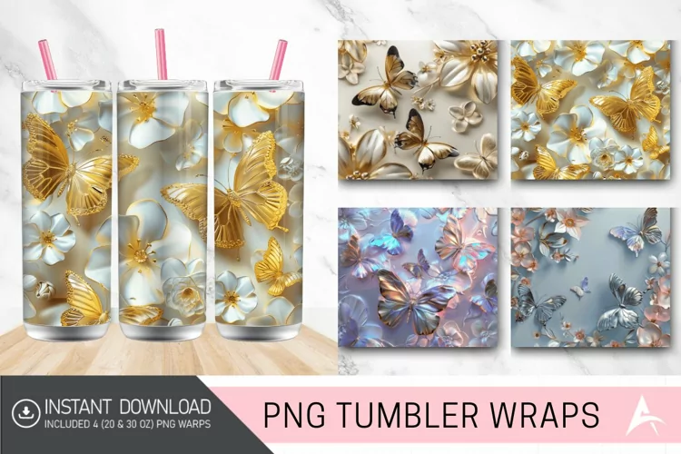 3D Metallic Butterflies & Flowers Tumbler wrap